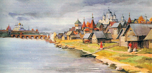 北方からのノヴゴロドの町の外観、14世紀（booksite.ru/enciklopedia/towns/より）